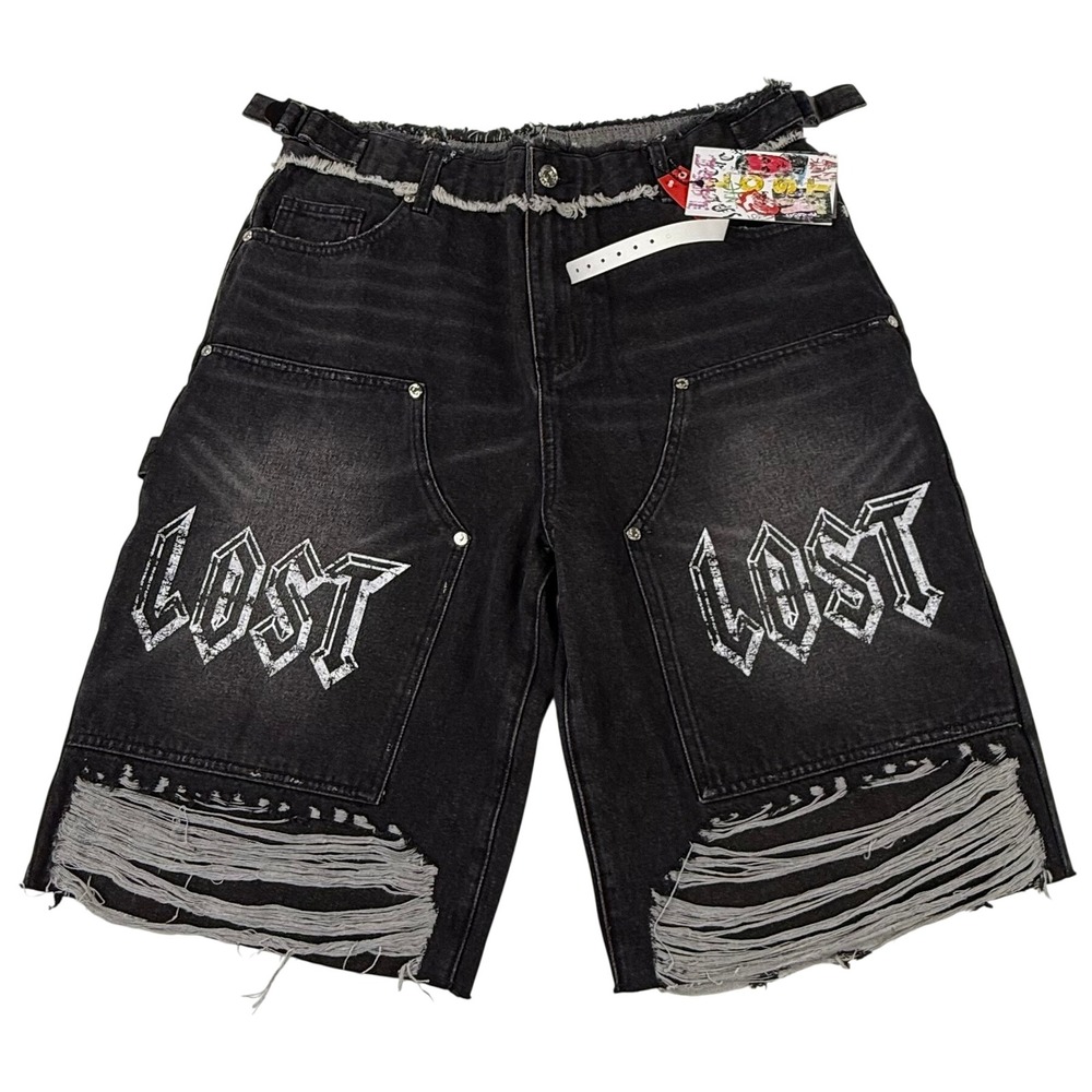 Lost Intricacy Midnight Empire Washed Black Distressed Denim Shorts 38 Jorts